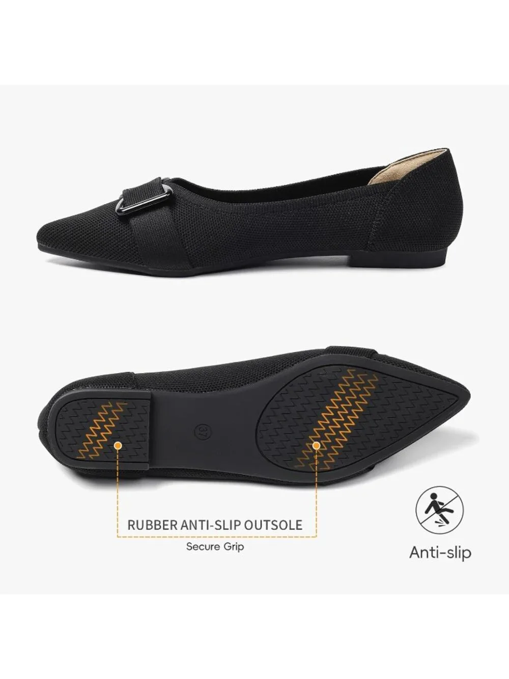 Women's Black Arch Support Dress Pointed Toe Comfortable Knit Ballet Flat Shoes